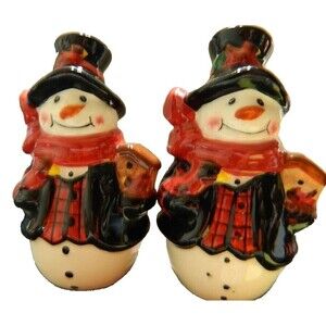 Snowman Salt and Pepper Shakers 3.5" Tall Ceramic  Black Coats & Top Hats